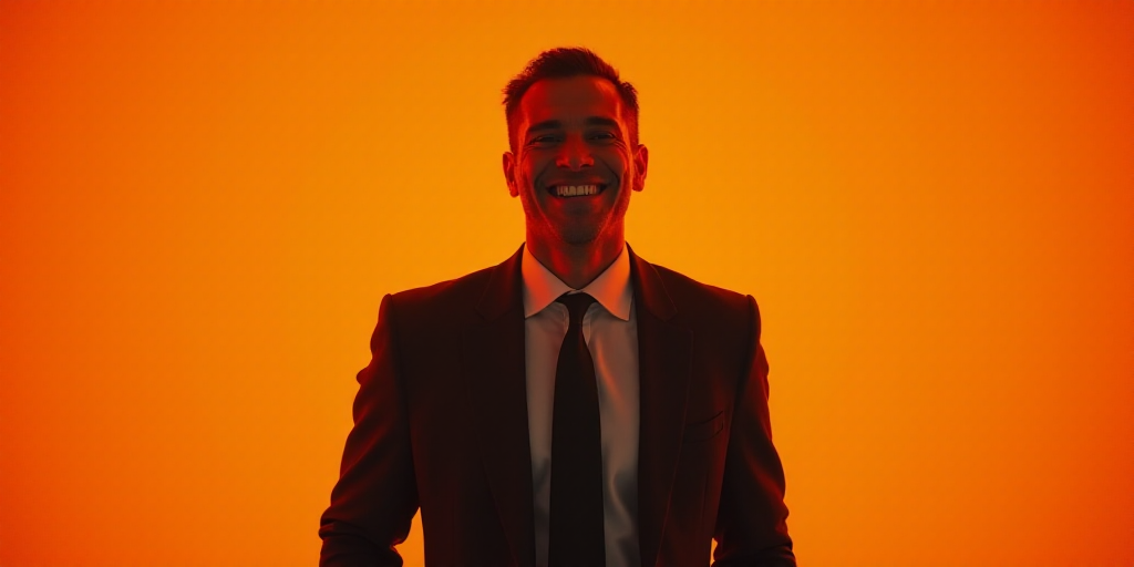 a man in a suit and tie is smiling for the camera with an orange background and a black and white ph
