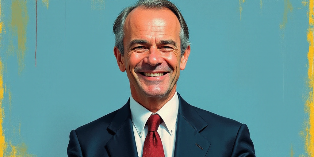 a man in a suit and tie is smiling for a picture with a blue background and a yellow border, Edward