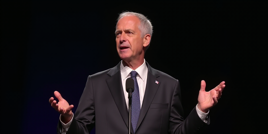 a man in a suit and tie is speaking into a microphone and gesturing with his hands out to the side,