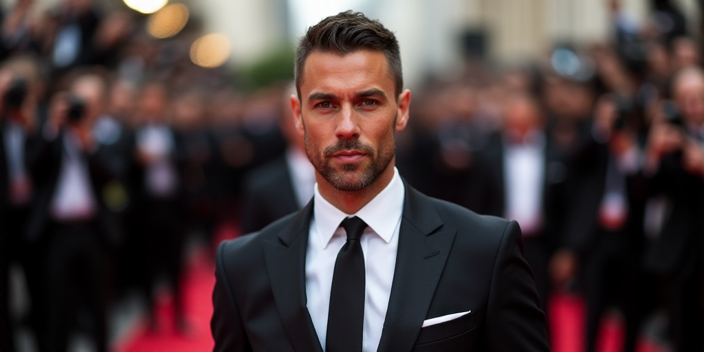 a man in a suit and tie looking at the camera with a crowd behind him in the background at a red car