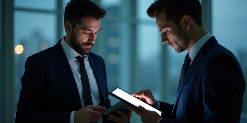 a man in a suit and tie looking at a tablet screen while another man in a suit looks at a tablet scr