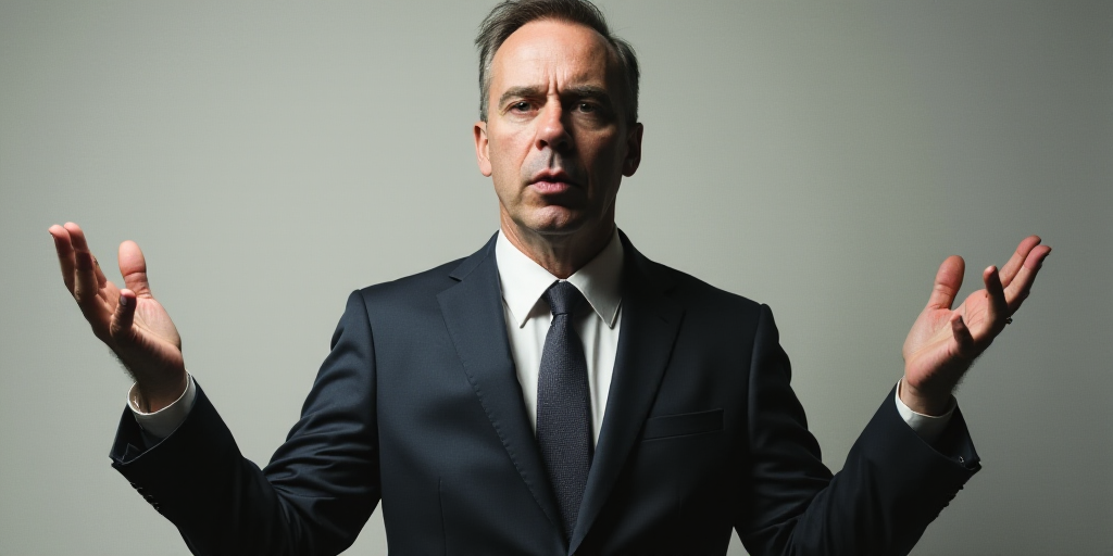 a man in a suit and tie making a gesture with his hands while standing in front of a gray background