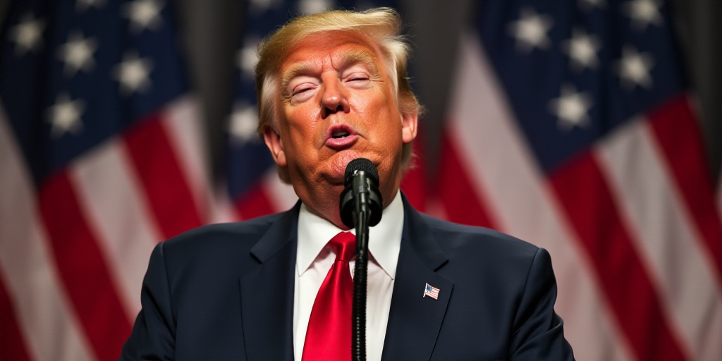 a man in a suit and tie making a speech in front of flags and a microphone with his eyes closed, Don