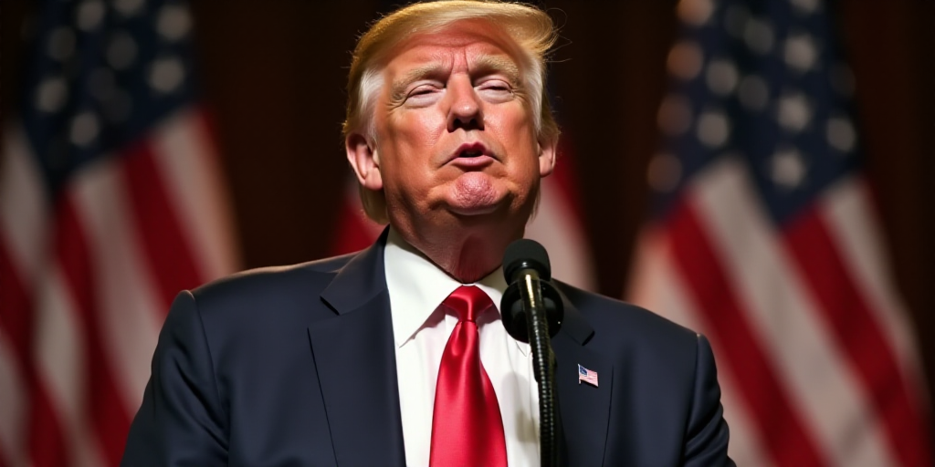 a man in a suit and tie making a speech in front of flags and a microphone with his eyes closed, Don