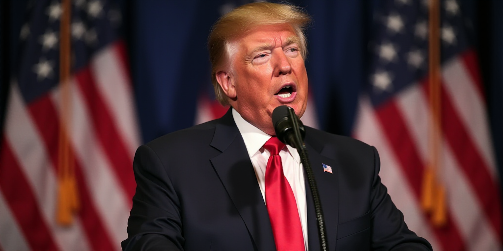 a man in a suit and tie making a speech in front of flags and a microphone with his mouth open, Dona