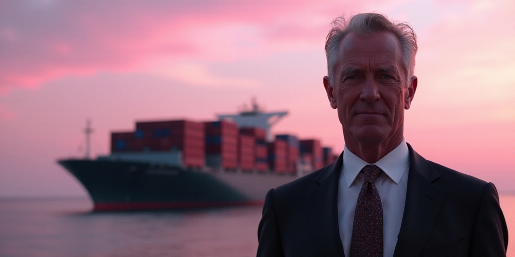 a man in a suit and tie next to a large container ship and a pink sky with clouds in the background,