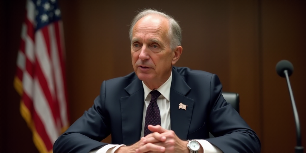a man in a suit and tie sitting at a desk with a microphone in front of him and a flag in the backgr