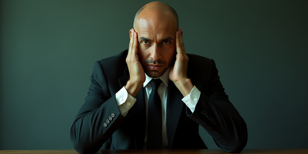 a man in a suit and tie sitting down with his hands on his face and looking at the camera, Enki Bila