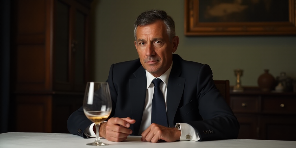 a man in a suit and tie sitting at a table with a glass of wine in front of him, Eric de Kolb, thier