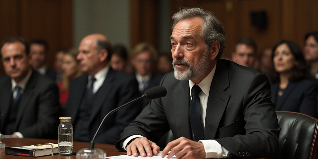 a man in a suit and tie sitting at a table with a microphone in front of him and a man in the backgr