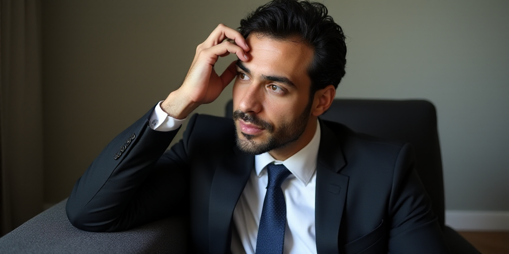 a man in a suit and tie sitting down with his hand on his head and looking off to the side, Estuardo