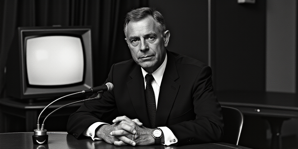 a man in a suit and tie sitting at a table with a microphone in front of him and a television in the