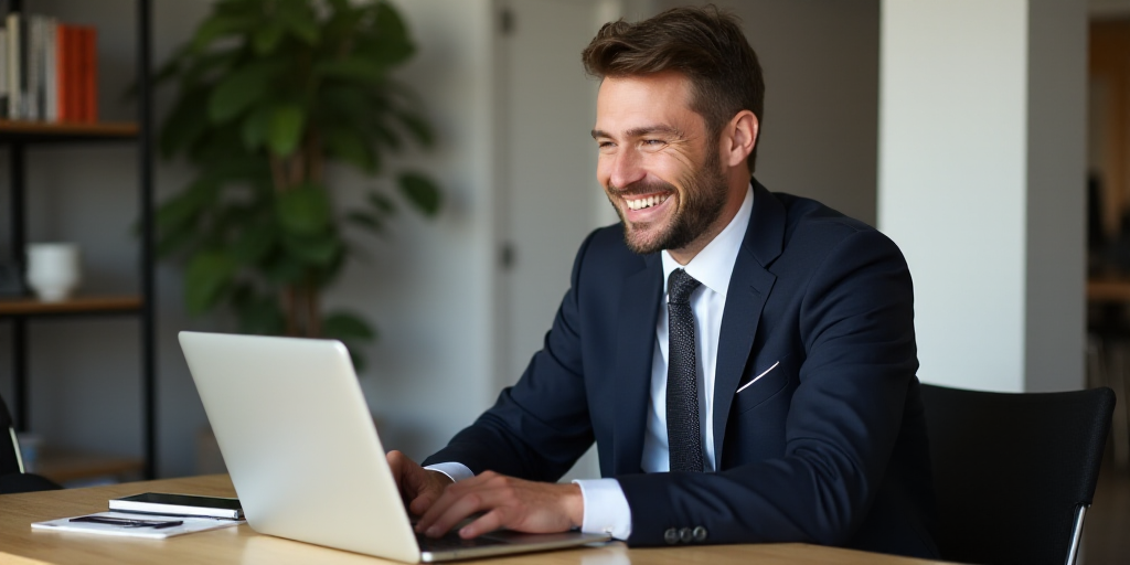 a man in a suit and tie sitting at a table with a laptop computer in front of him and smiling, Allen