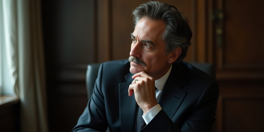 a man in a suit and tie sitting down with his hand on his chin and looking off to the side, Eric de