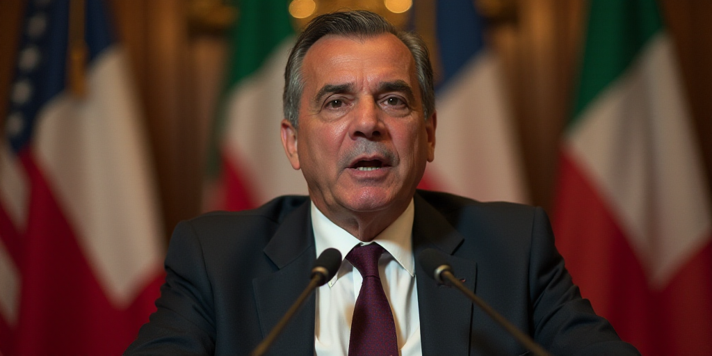 a man in a suit and tie sitting at a podium with flags behind him and a microphone in front of him,