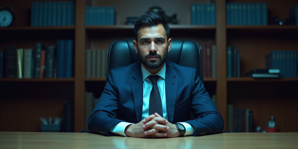 a man in a suit and tie sitting at a desk with a bookcase behind him and a book case behind him, Car