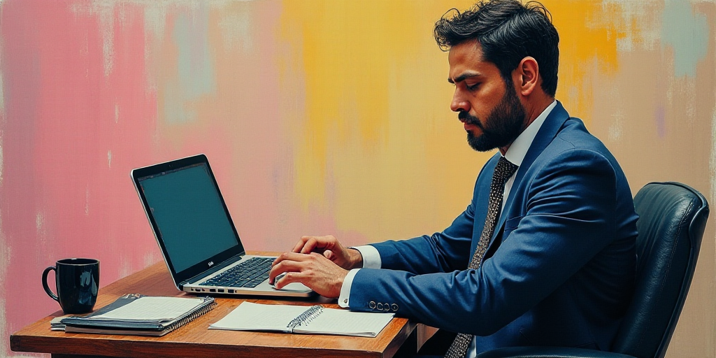 a man in a suit and tie sitting at a desk with a laptop and a keyboard in front of him, david rubín