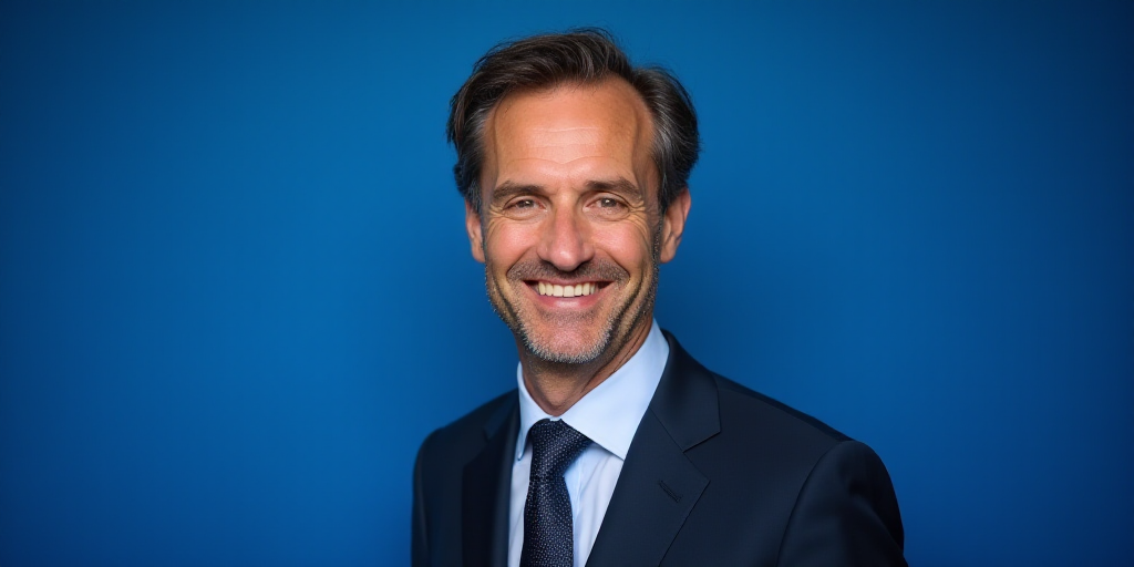 a man in a suit and tie smiling for a picture with a blue background and a blue backdrop behind him,