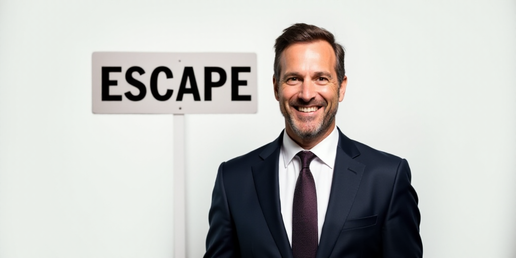a man in a suit and tie smiling for the camera with a white background behind him and a sign that sa