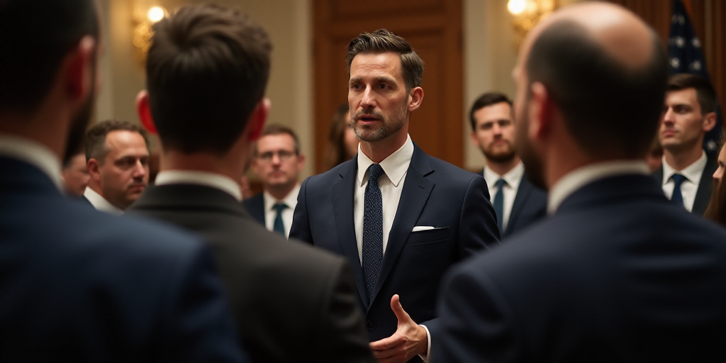 a man in a suit and tie speaking to a group of people in suits and ties in a room, Andrew Bell, mitc