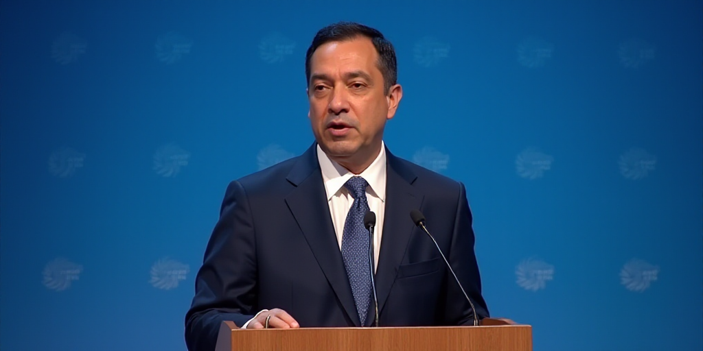 a man in a suit and tie speaking at a podium with a microphone in front of him and a blue backdrop,