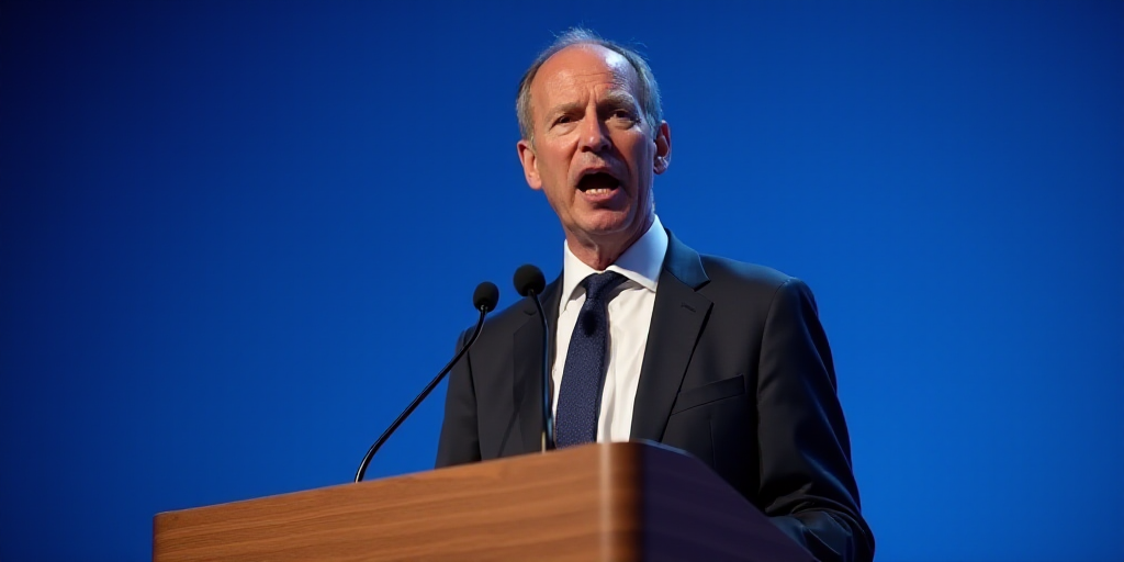 a man in a suit and tie speaking at a podium with a microphone in front of him and a blue background