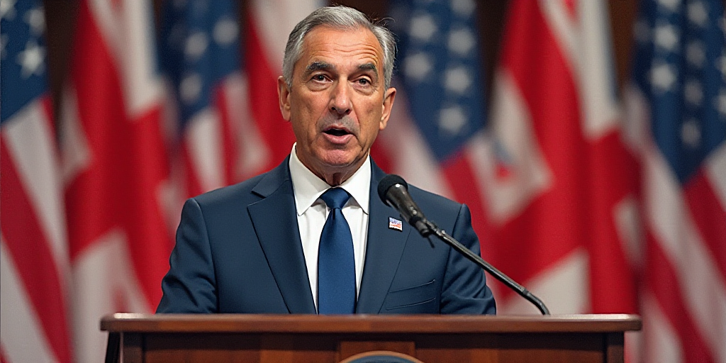 a man in a suit and tie speaking at a podium with flags behind him and a microphone in the foregroun