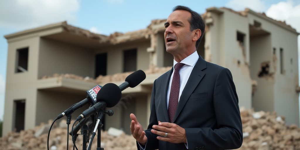 a man in a suit and tie speaking into microphones in front of a destroyed building with a broken roo