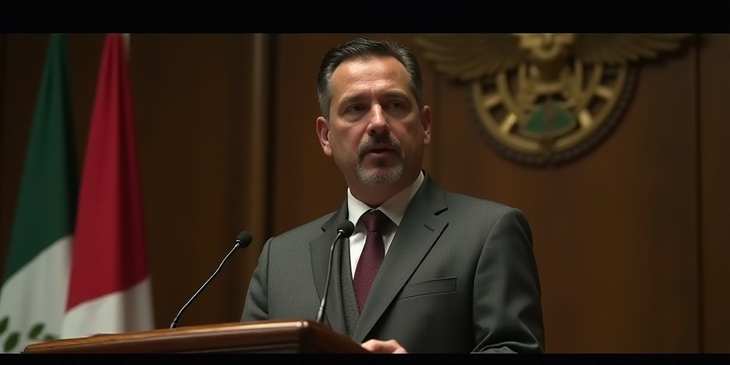 a man in a suit and tie speaking at a podium with a sign behind him that says,'liricacion de mexico