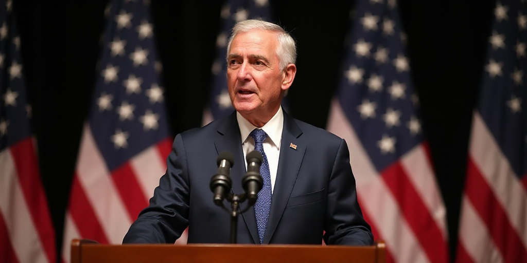 a man in a suit and tie speaking at a podium with flags behind him and a microphone in front of him,