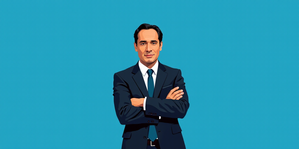 a man in a suit and tie standing with his arms crossed in front of him, with a blue background, Carl