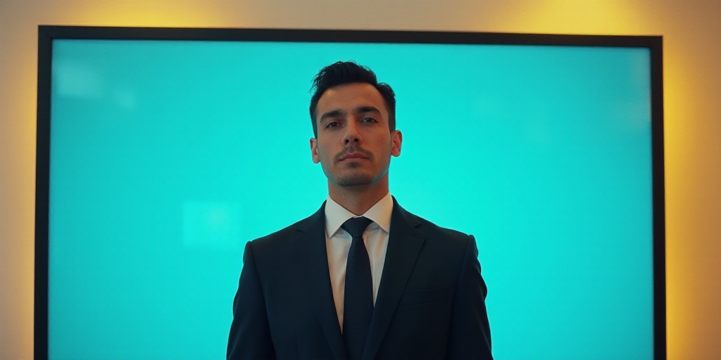 a man in a suit and tie standing in front of a blue background with a black and yellow border, Carlo