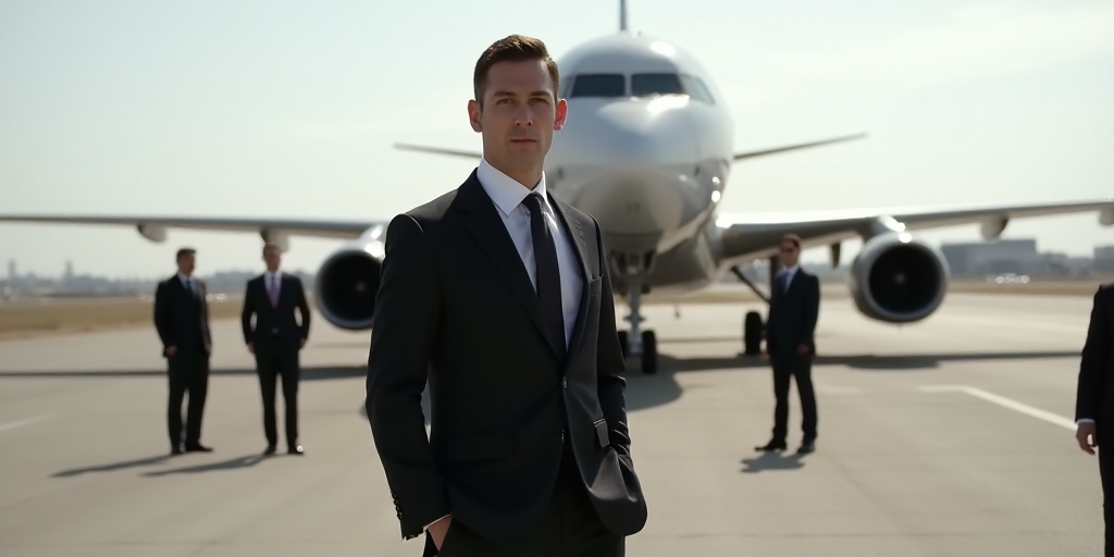 a man in a suit and tie standing in front of a plane on a runway with other people standing around,