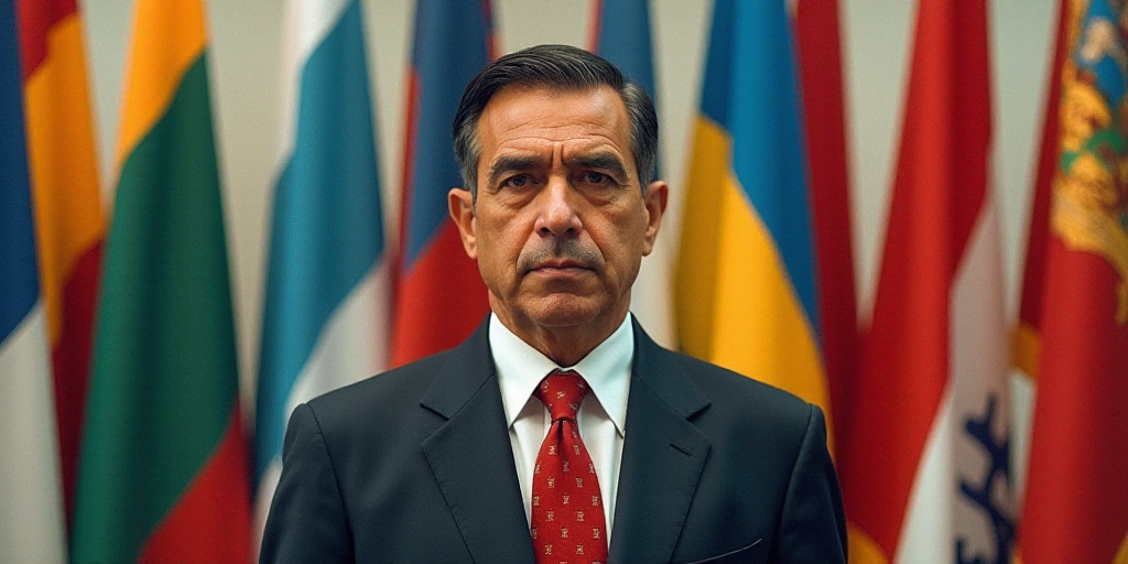 a man in a suit and tie standing in front of flags of different colors and sizes, with a serious loo