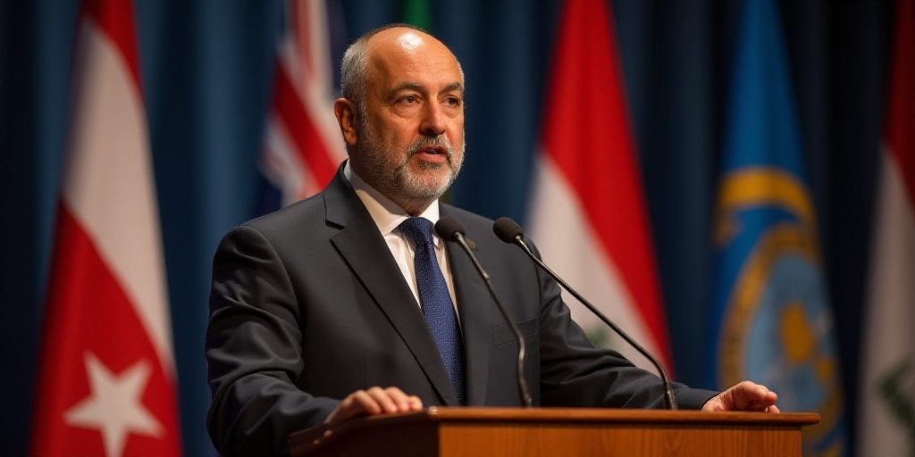 a man in a suit and tie standing at a podium with flags behind him and a microphone in front of him,