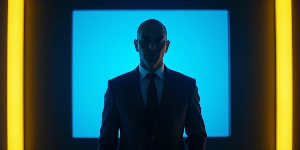 a man in a suit and tie standing in front of a blue background with a black and yellow border, Eduar