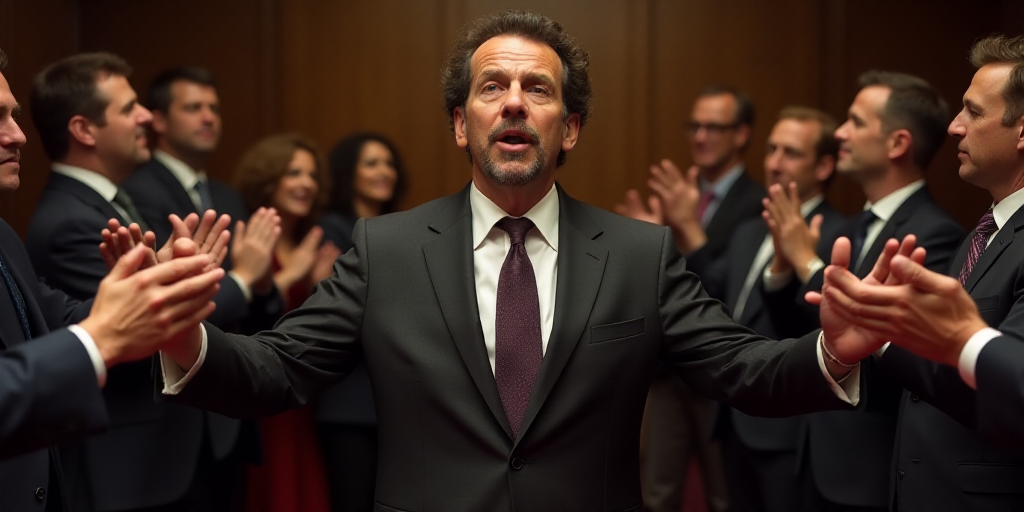 a man in a suit and tie standing in a room with other people clapping and clapping hands in front of