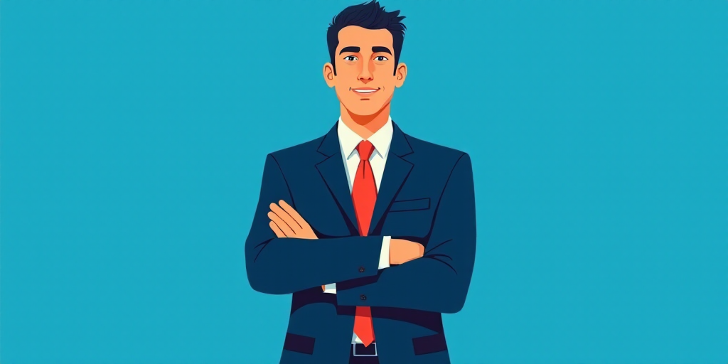 a man in a suit and tie standing with his arms crossed in front of him, with a blue background, Carl