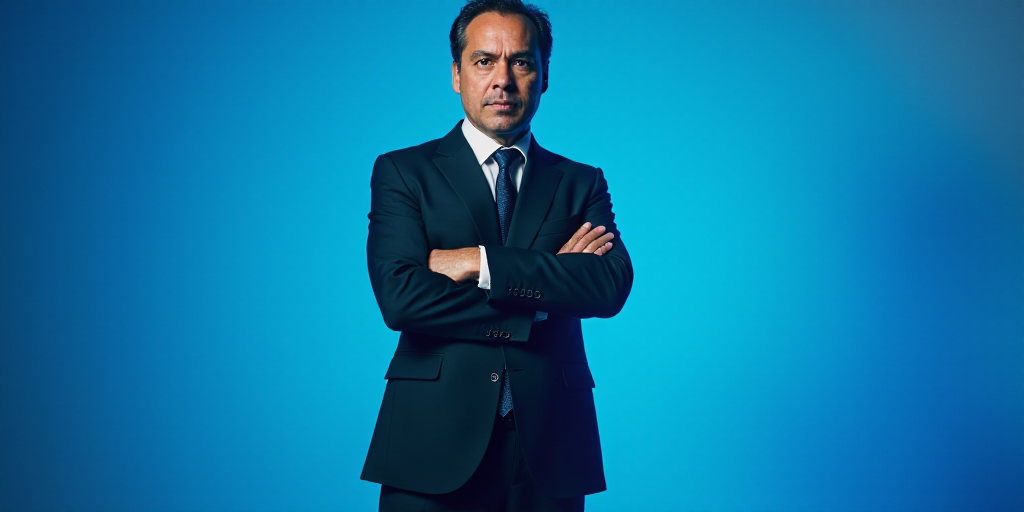a man in a suit and tie standing with his arms crossed in front of him with a blue background, Estua