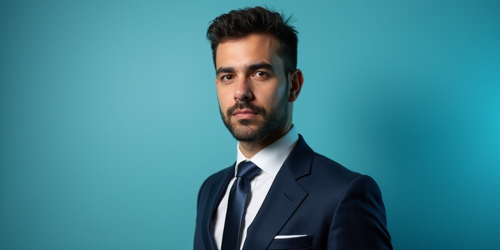 a man in a suit and tie standing in front of a blue background with a black and white photo, Alejand