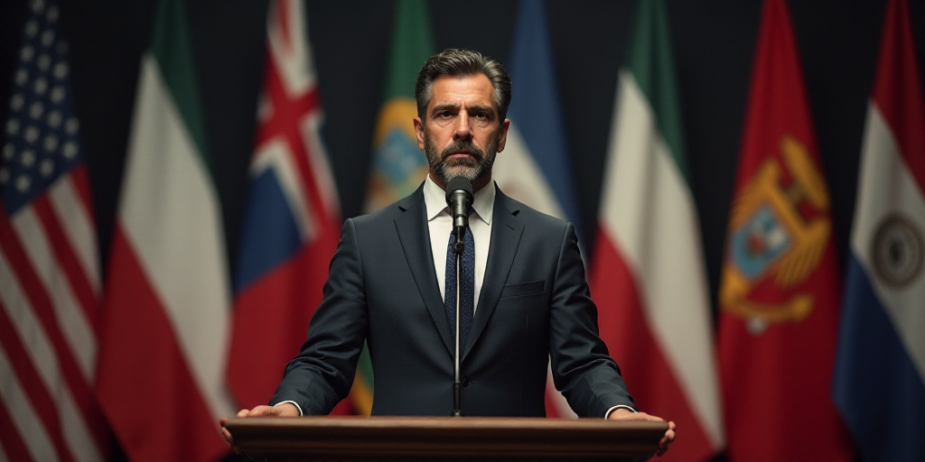 a man in a suit and tie standing in front of flags and a microphone in front of a podium, Emerson Si