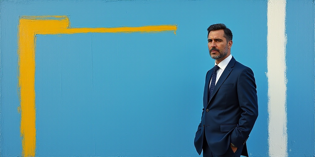 a man in a suit and tie standing in front of a blue background with a white and yellow border, Carlo