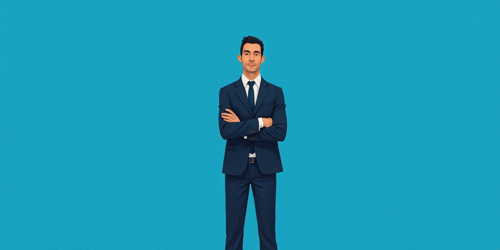 a man in a suit and tie standing with his arms crossed in front of him, with a blue background, Carl
