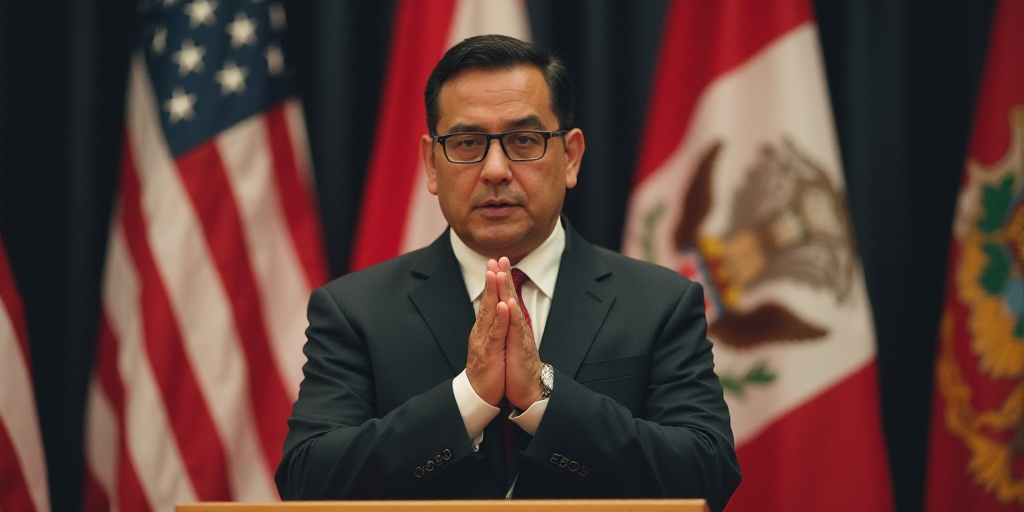 a man in a suit and tie standing at a podium with his hands clasped to his face and a flag behind hi
