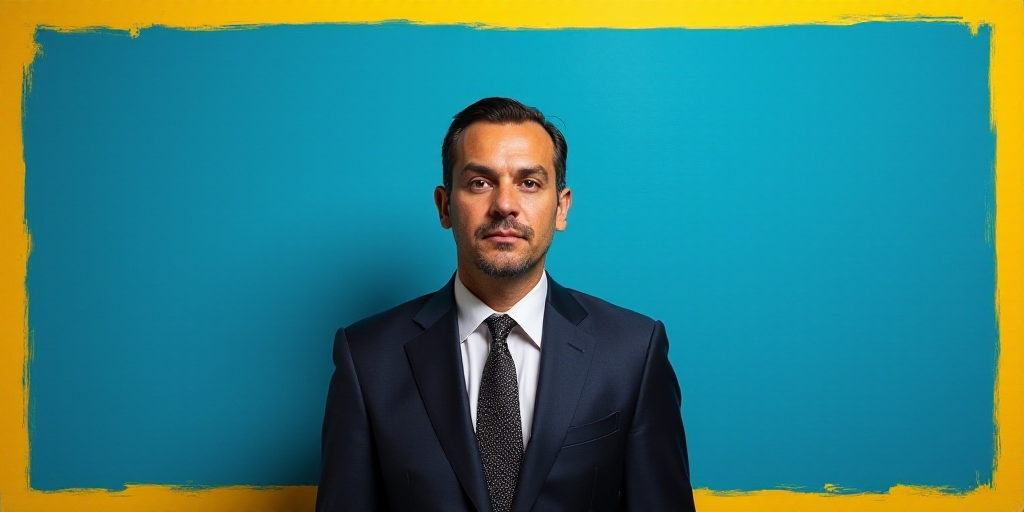 a man in a suit and tie standing in front of a blue background with a yellow border and a black and