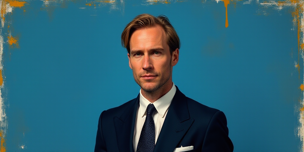 a man in a suit and tie standing in front of a blue background with a white and yellow border, Edwar