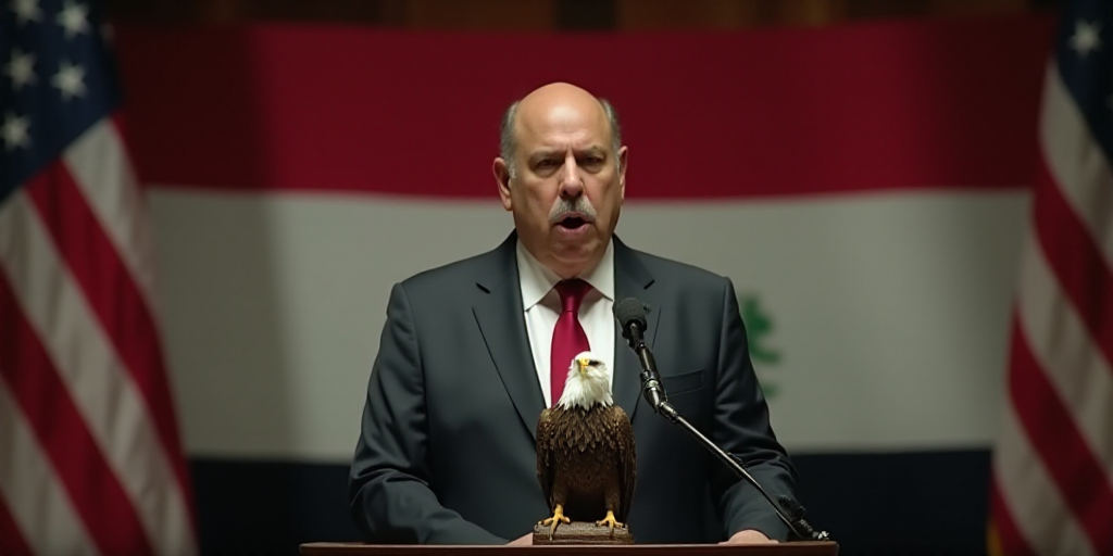 a man in a suit and tie standing in front of a flag and a microphone with a bald eagle on it, Boucht