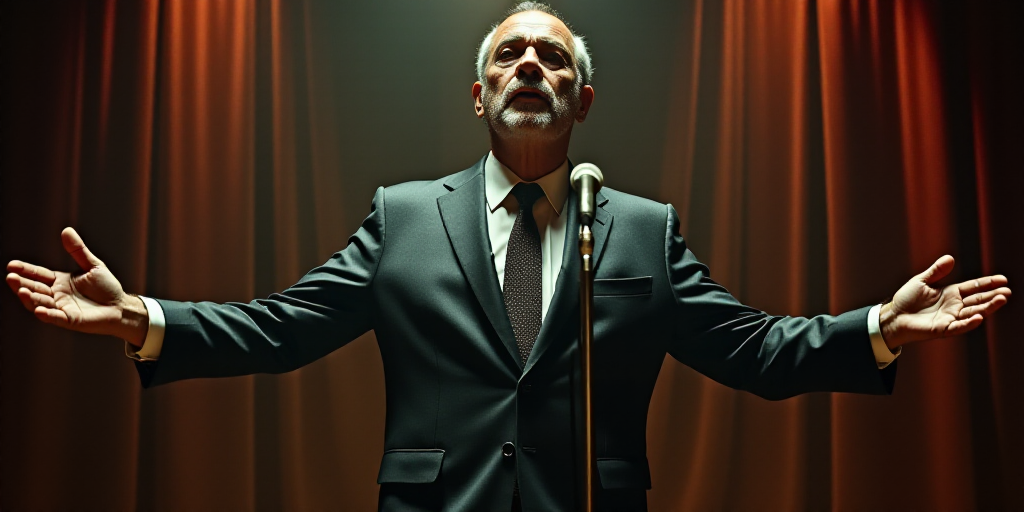 a man in a suit and tie standing in front of a microphone and a microphone stand with his arms out,