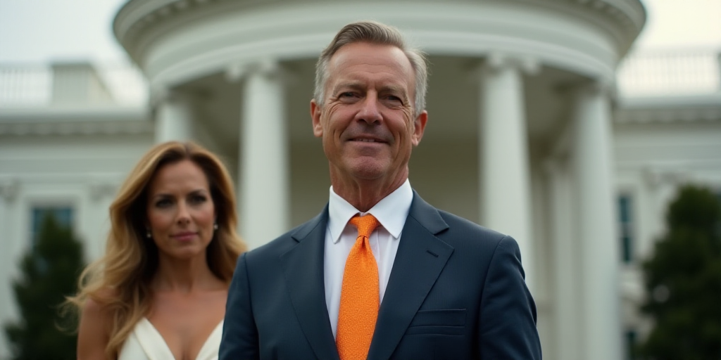 a man in a suit and tie standing in front of a white house with a woman in the background, Donald Ro