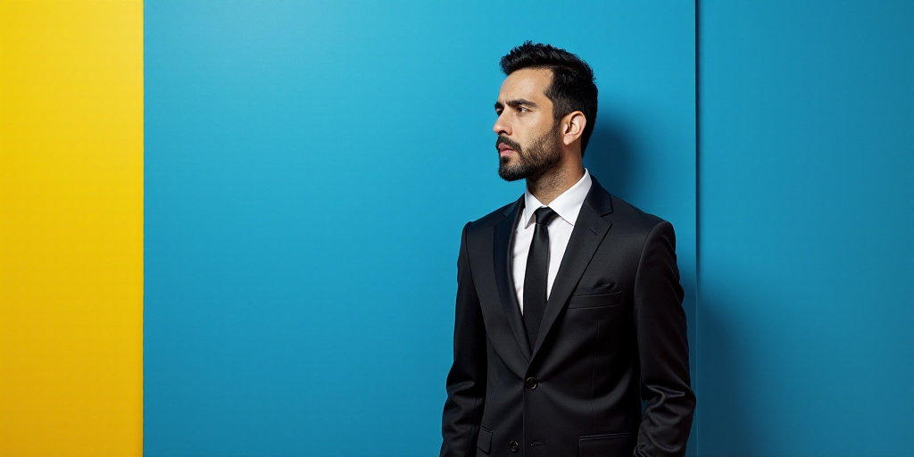 a man in a suit and tie standing in front of a blue background with a yellow border and a black and